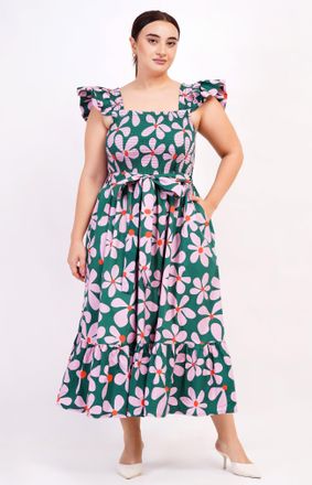 Leota Ivanna A-Line Smocked Midi Dress Dancing Daisies Evergreen