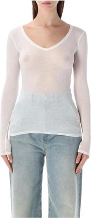 American Vintage Massachusetts Long Sleeve V-Neck Top - Dames - Longsleeves - Wit - L - Katoen - Tops