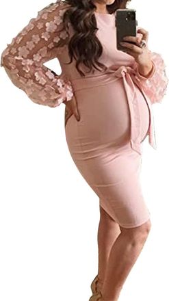 Generic Maternity Dress Floral Mesh Bishop Long Sleeve Maternity Midi Dress, Fall Maternity Bodycon Dresses Pregnancy Clothes for Baby Shower/Wedding Guest/Ph