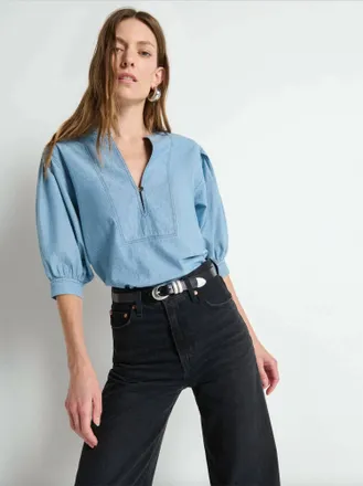 Nation Ltd Emmett Puff Sleeves Top In Chambray