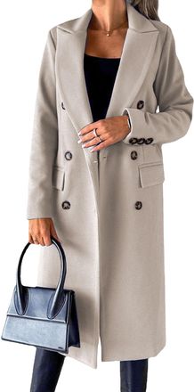 Generic Womens Long Wool Trench Coat Classic Notched Lapel Double Breasted Pea Coat Warm Fall Winter Dress Coats Jacket Apricot-3 Small
