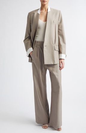 Victoria Beckham Collarless Virgin Wool Herringbone Blazer in Limestone at Nordstrom, Size 6 Us
