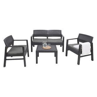 Dmora Sal&oacute;n De Jard&iacute;n Dauter, Conjunto De Jard&iacute;n Con 2 Sillones, 1 Sof&aacute; Y 1 Mesa De Centro, Zona De Estar Efecto Rat&aacute;n Con Cojines, 100% Made In Italy, Antr