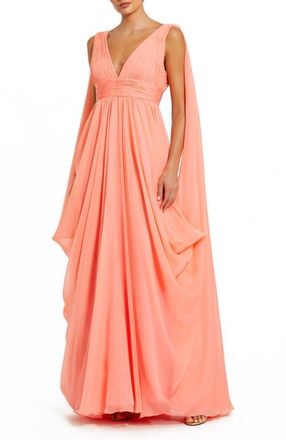 Mac Duggal Drape Detail V Neck Chiffon Gown in Coral at Nordstrom, Size 10