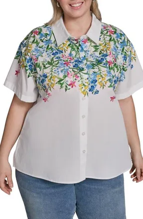 Karl Lagerfeld Placed Floral Short Sleeve Cotton Sateen Button-Up Shirt in Soft White Combo at Nordstrom, Size 3X