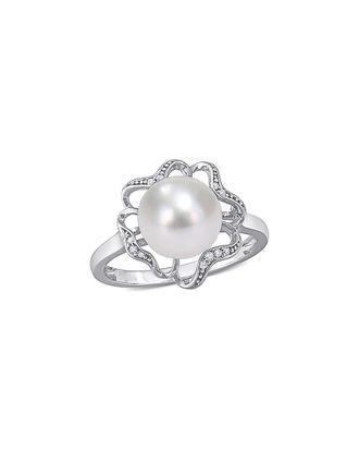 Rina Limor Silver 0.04 Ct. Tw. Diamond 9-9.5Mm Pearl Floral Cocktail Ring