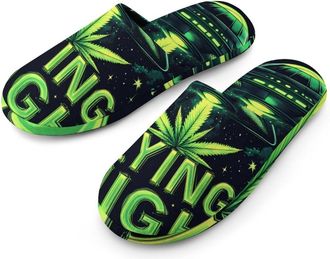 Generic Weeds Flying High Aliens Flannel Mens Slip-on Slippers Winter Warm House Shoes with Rubber Sole for Home Hotel