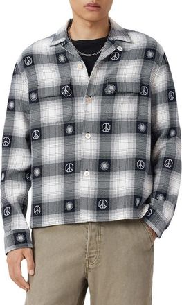 AllSaints Castor Embroidered Plaid Long Sleeve Camp Shirt in Peacoat Blue at Nordstrom, Size Xx-Large
