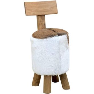 vidaXL Stool Goatskin Leather and Solid Teak Wood vidaXL