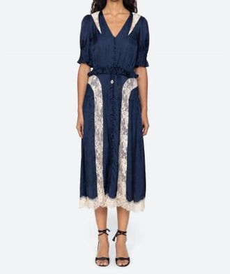 Sea New York Ethel Silk Lace Panel Puff Sleeve Midi Dress In Navy
