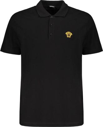 Versace Geborduurde katoenen polo shirt met logo - Heren - Polos - Zwart - 2XL - Katoen - Tops
