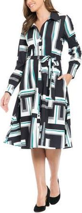 London Times Long Sleeve Shirtdress in Black/Green at Nordstrom Rack, Size 14