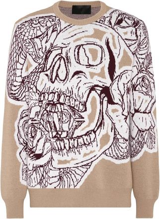 Philipp Plein Pullover Round Neck Skull - Heren - Ronde hals truien - Beige - 2XL - Wol - Truien & Vesten