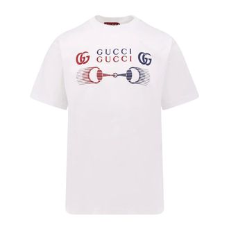 Gucci Tops, Heren, Wit, M, Katoen, Witte Logo Print Korte Mouw Shirt