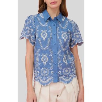 ZOE AND CLAIRE Embroidered Eyelet Cotton Button-Up Top in Blue at Nordstrom, Size Medium