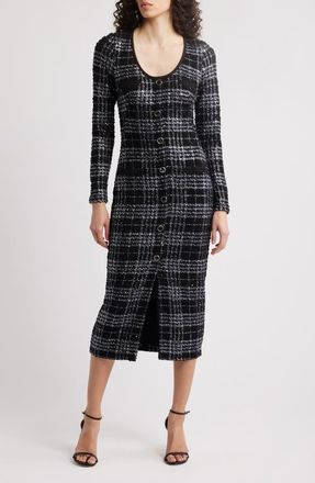 Black Halo Mae Long Sleeve Tweed Midi Dress in Carbon Class at Nordstrom, Size 10