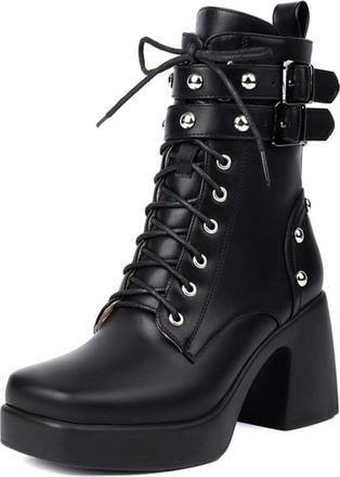 Generic Womens Chunky Heel Platform Ankle Boots With Double Buckle Lace-Up Metal Studs Square Toe Style For Daily Streetwear Night Out,Black,4.5 UK