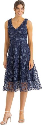 Klass Sleeveless Floral Applique Shimmer Mesh Dress - Navy - 14