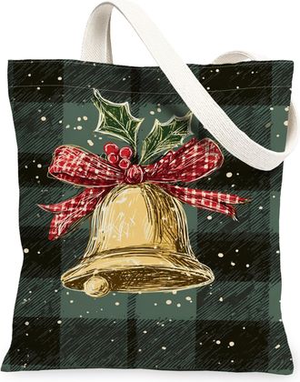 Generic Christmas Bell Canvas Tote Bags, Festive Holiday Design Lightweight Washable Shoulder Strap Grocery Bags for Shopping Outdo, Green, 13x15 Inch