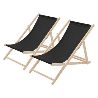 ECD Germany Set 2x Silla De Playa Madera De Pino 3 Posiciones De Reclinaci&oacute;n Plegable Tumbona Tradicional Para Jard&iacute;n O Balc&oacute;n Negra Impermeable Hasta 120kg Tejid