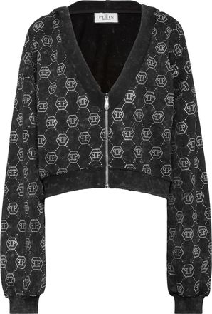 Philipp Plein Washed Zip Hoodie Monogram Crystal