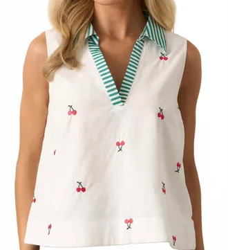 Merci Fruit Pattern Shirt Collar Sleeveless Top In Cherry