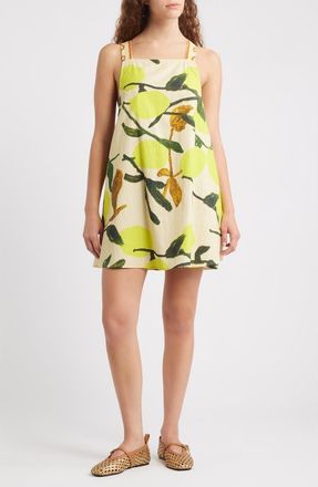 Topshop Tie Back Cotton & Linen Minidress in White Multi at Nordstrom, Size 10 Us