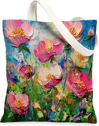 Generic Spring Oli Painting Peony Canvas Tote Bag for Shopping 13x15, Floral Wildflower Garden Reusable Grocery Print Pattern Bag for Women, Flower Scene Beac