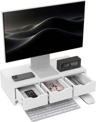 HOMCOM Monitor Stand Riser with 3 Drawers for Laptop - Computer - PC - White | TJ Hughes