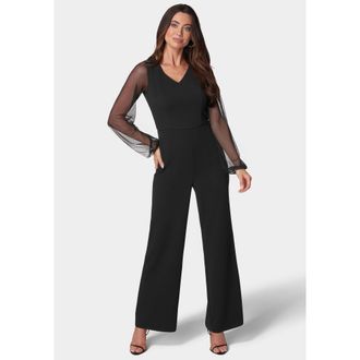 Bebe WomenS V-Neck Jumpsuit With Powermesh Sleeve