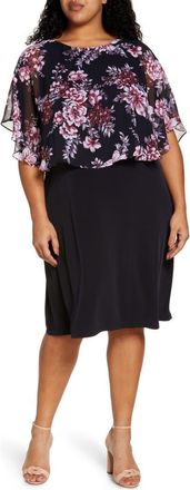 Connected Floral Overlay Cape Dress in Navy at Nordstrom, Size 14W