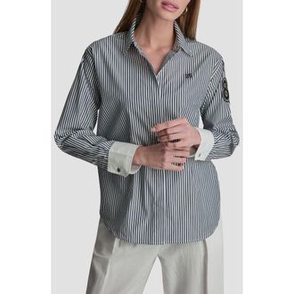 DKNY Stripe Logo Button-Up Shirt in Navy/white at Nordstrom, Size X-Small