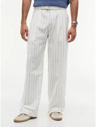 Tommy Hilfiger Mens Belted Striped Cotton-Linen Blend Pant - Ivory Petal - 34W x 30L
