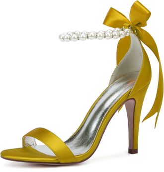 Generic Wedding Shoes Womens Satin Ankle Strap Bridal High Heelsheeled Open Toe Prom Party Dress Stiletto Sandals 10.5Cm,Yellow,3 UK