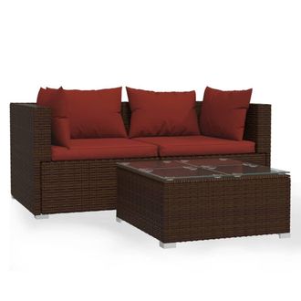 vidaXL Set Muebles De Jard&iacute;n 3 Piezas Y Cojines Rat&aacute;n Sint&eacute;tico Marr&oacute;n Vidaxl