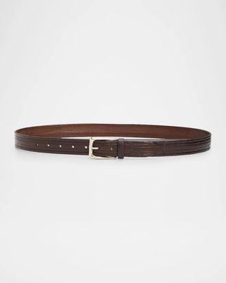 Brunello Cucinelli Men & apos;s Geometric-Embossed Leather Belt