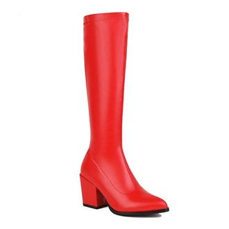 Generic Womens Minimalist Side Zipper Knee High Boots Slim Stretch Wide Calf Pull On Pointed Toe Chunky Heels Winter Dress Shoes (7.5,Red)