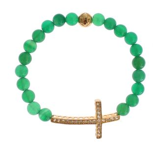 Nialaya Jade Stone Gold CZ Cross 925 Silver Womens Bracelet