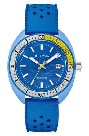 Bulova Snorkel Sea Turtle Rubber Strap Watch, 41mm in Blue at Nordstrom