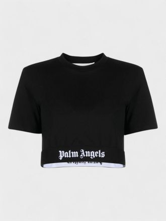 Palm Angels Womens Logo Tape Cropped Tee Black White - Size X-Large