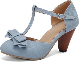 Generic Women Denim T Strap Pumps Round Toe Pointed Heel Bow Decor Adjustable Buckle Ankle Strap Cutout Non Slip Durable Comfortable Dress Party Shoes,Light B