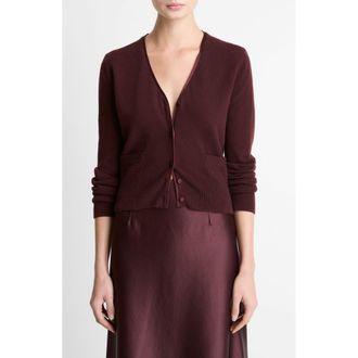 Vince Satin Button Wool & Cashmere Blend V-Neck Cardigan in Oxblood at Nordstrom Rack, Size X-Large