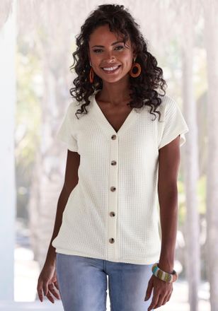 Lascana Kurzarmshirt LASCANA mit Zierknopfleiste, Damen, Gr. 32/34, beige (creme), Piqu&eacute;, Obermaterial: 69% Polyester (REPREVE), 28% Viskose, 3% Elasthan, uni