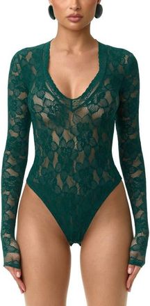Naked Wardrobe Deep V-Neck Long Sleeve Lace Bodysuit in Pine Green at Nordstrom, Size X-Large