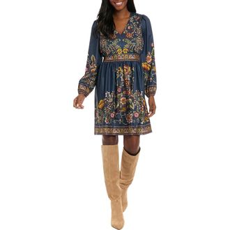 London Times Printed Long Sleeve Fit & Flare Dress in Denim/Pink at Nordstrom Rack, Size X-Large