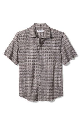 Tommy Bahama Bahama Coast Tile Isle Geo Print IslandZone Short Sleeve Button-Up Shirt in Black at Nordstrom, Size Medium