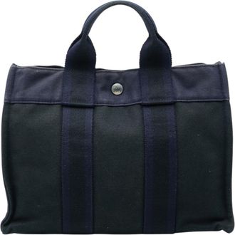 Herm&egrave;s Black Purple Canvas Handbag Tote Bag (Pre-Owned)