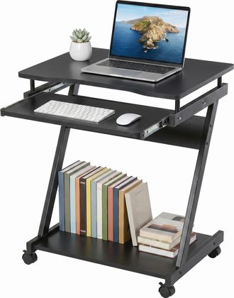 HOMCOM Homcom Mesa De Ordenador Con Ruedas, 60x48 Cm, Con Bandeja Deslizante Para Teclado Y Estante Inferior, Marco Met&aacute;lico En Forma De Z, Negro