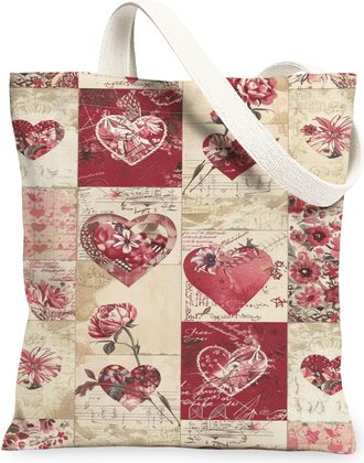 Generic ValentineS Floral Canvas Tote Bags, Heart Pattern Reusable Grocery Bags, Vintage Linen Lightweight Washable Canvas for Tra, Red, 13x15 Inch