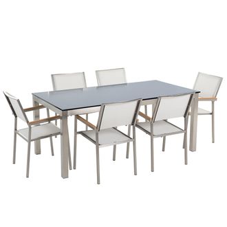 Beliani Conjunto De Comedor De Jard&iacute;n Blanco Con Mesa 180 X 90 Cm De Vidrio Negro 6 Sillas Grosseto